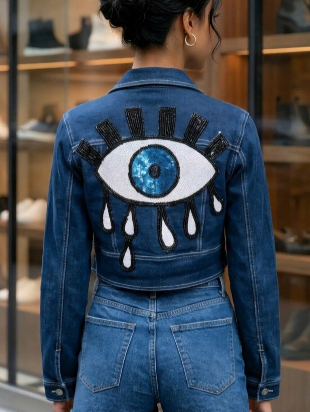 🎃👁 EVIL EYE MEBON By Machine Jeans Sequin Cropped Denim Jacket NWT Size M